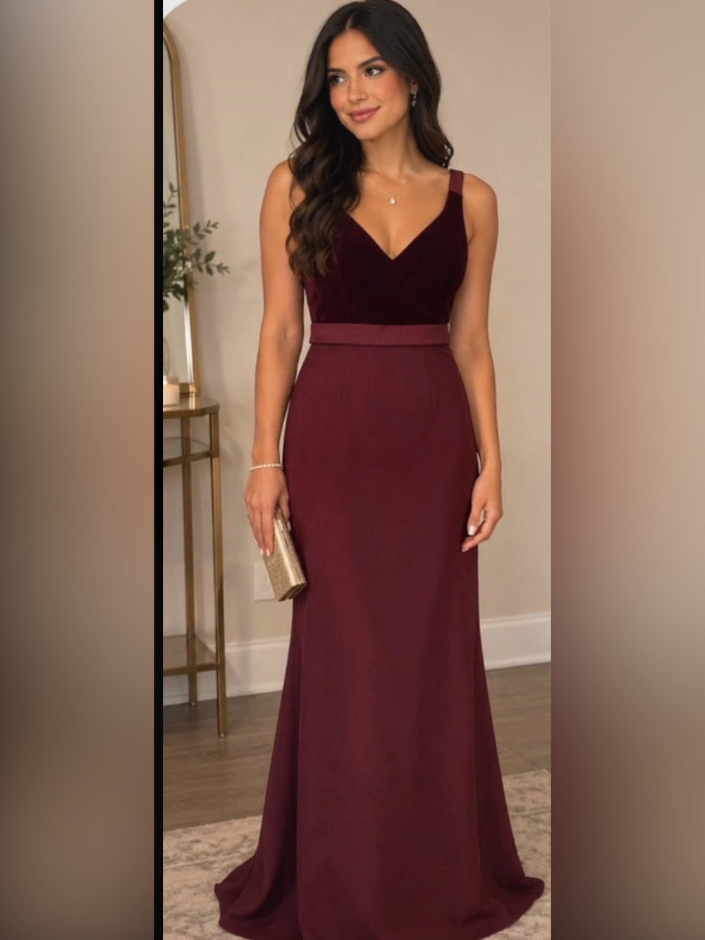 Vera Wang Two-Tone Burgundy V-Neck Asymmetrical Gown